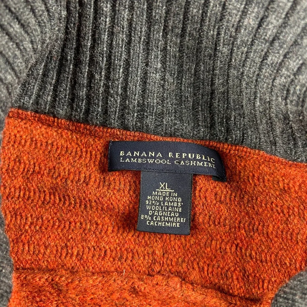 Banana Republic Sweater Mens XL Orange Lambswool Cashmere 1/4 Zip Elbow Patches‎